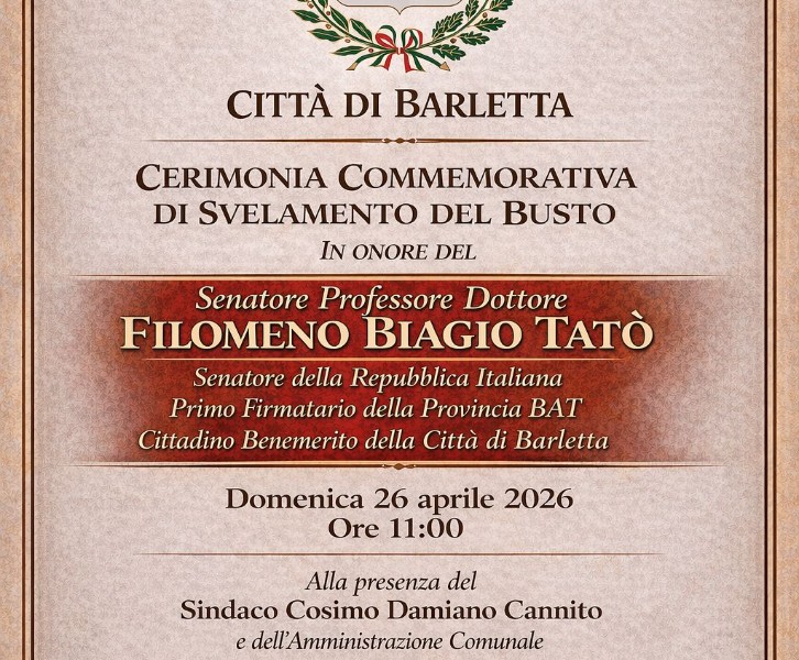 Barletta, 26 aprile 2026 — Il Consolato Onorario della Repubblica d'Armenia aderisce allo svelamento del busto del Sen. Tatò